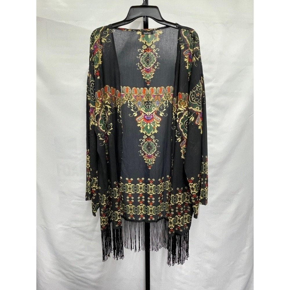 Boohoo Paisley Fringe Kimono Black Multi Size 20 Boho Festival Cardigan Wrap